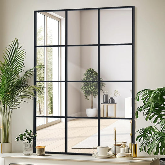 Windowpane Wall Mirror 30"x48" Black Wall Mounted Art Pane Mirror Farmhouse Decorative Mirror Leaning Hanging Wall Mirror for Bedroom Living Room Entrance Hallway Wall Decor