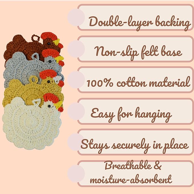 Handmade Crochet Chicken Coasters Set of 4, Mom, Stuffed Animal-Themed Drink Coasters, Cute Desk Accessories, Home Decor, Tabletop Protection, Crazy Chicken Lady Must Have