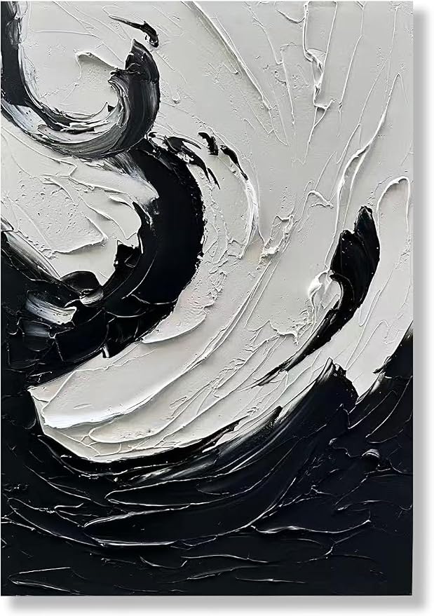 NANKAI Art 40x28 inches Hand-Painted Modern Wall Decorative Oil Painting Minimalist Style Art Black and White Abstract Thick Texture Painting Home Wall Decorative Painting
