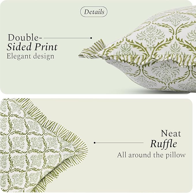 CPC Fern Regal Hand Block Print 100% Cotton Ruffle Throw Pillow Cover 24x24 inch with Hidden Zipper Decorative for Couch, Bed, Sofa, Farmhouse, Cottagecore Decor Gift Christmas Fall Thanksgiving