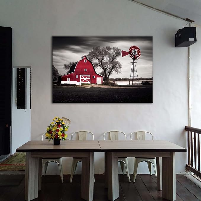 Large Barn Picture Wall Decor Rural Country Red Windmills Canvas Wall Art for Living Room Retro Farmhouse Black and White Cabin Painting Rustic Western Scenery Posters Bedroom Home Decorations 32x48"
