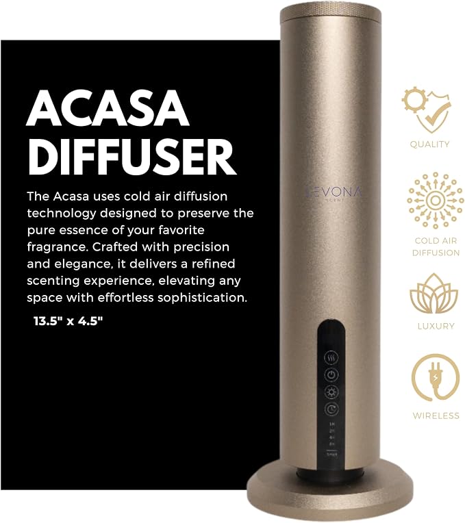 Levona Scent Essential Oil Diffuser - Cold Air Diffuser, Waterless Plug-in Aroma with Night Light, App Controlled - for Home, Office & Hotel - Covers 1000 sq ft - Acasa 1000, Gold (Oil Not Included)