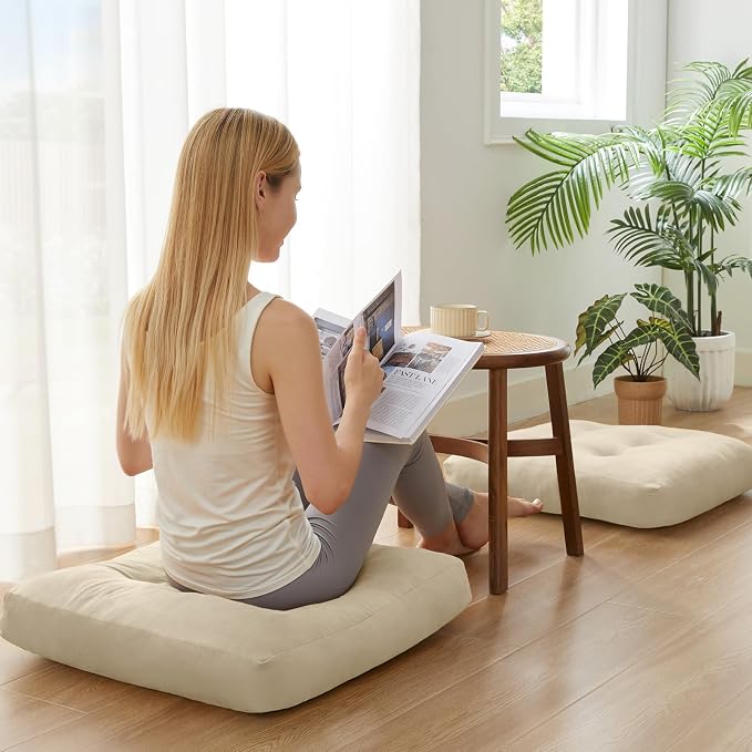 Meditation Floor Pillow Set of 2, Square Large Pillows Seating for Adults, Meditation Cushion Pillow,Tufted Corduroy Cushion for Tatami Living Room or Yoga, Beige, 22x22 Inch