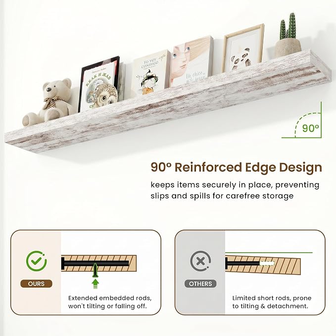 9.25in Depth 72in Floating Shelves, 72x9.25x1.4, Vintage White, Set of 1 | Long Wall Mounted Engineered Wood Shelves with Invisible Brackets for Living Room, Bedroom, Bathroom, Kitchen,