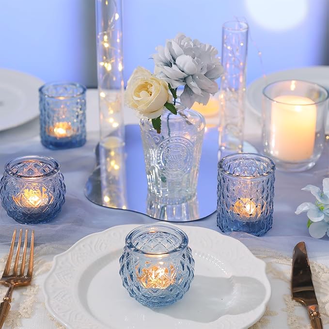 DARJEN Blue Votive Candle Holders Set of 24- Round Candle Holders Bulk, Glass Candle Holder for Vintage Decoration, Tea Lights Candle Holders for Wedding Shower, Party & Gift