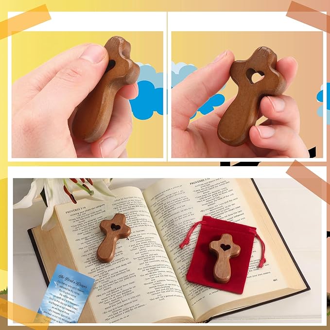 Bucherry Olive Wood Cross My Heart Small Pocket Crosses with Bags and Prayer Cards Jesus Christian Holding Hand Crosses Bulk for Christmas Baptism First Communion Gift(25 Set,Dark,2.36 Inches)