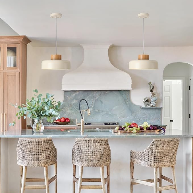 Modern Pendant Lights,12.6 inch,Natural Wood Cap,Simple Hanging Light Fixture for Kitchen Island,Dining Room
