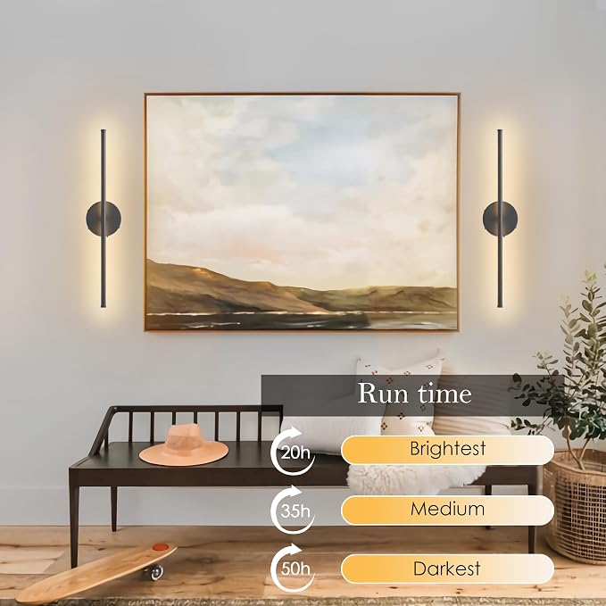 KARTOOSH Battery Operated Wall Sconces Set of Two, with Remote Control, Dimmable, Warm White/Natural White/Daylight/RGB, 350°Rotate, LED Black Wireless Wall Light for Living Room, Bedroom, 20.4 Inch