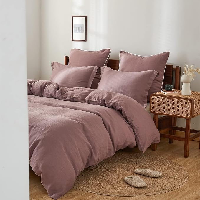 Simple&Opulence 100% Linen Duvet Cover Set, 3 PCS Natural French Flax Purple Duvet Cover King Size, Breathable Soft Comfy Linen Bedding Comforter Cover with 2 Pillowcases(Purple, 104"x92")