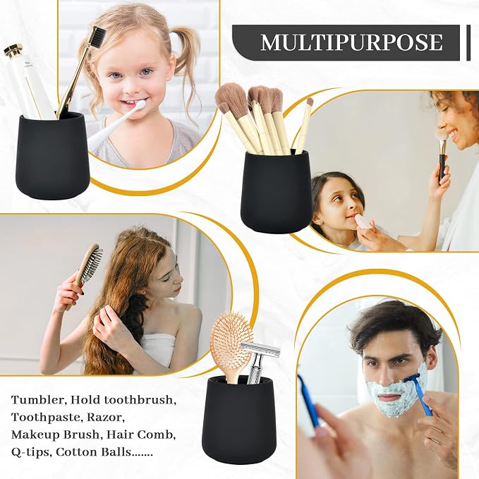 BosilunLife Ceramic Bathroom Accessories Set 3 Pcs, Liquid Soap Dispenser and Toothbrush Holder with Tray, Modern Farmhouse Vanity Decor, Black Housewarming Gift (Black-Liquid)
