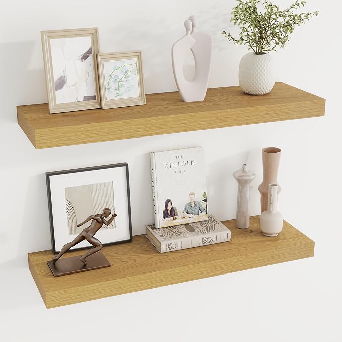 Dreamland 30Inch Floating Shelves 8" Deep Wall Mounted Set of 2 Oak | Wall shelves for bathroom, bedroom, Living Room, kitchen, deep wall mount wood storage display for home decor 30" x 8"