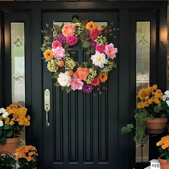 Spring Decor, Spring Wreaths for Front Door, 22 Inch Spring Front Door Wreath Indoors Outdoor Decor with Hydrangea, Peony, Floral Summer Wreaths for Front Door Outside All Season for Home Porch Decor
