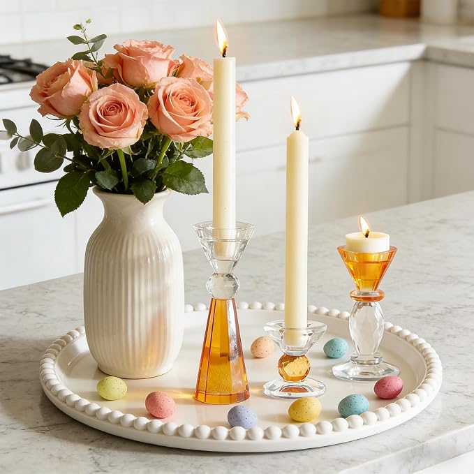 DN DECONATION Glass Candle Holder, Amber Clear Crystal Candlestick Holders | Set of 3, Tealight Candles Holder for Table Centerpiece Home Decor, Wedding Decorations Housewarming Gift Living Room Party