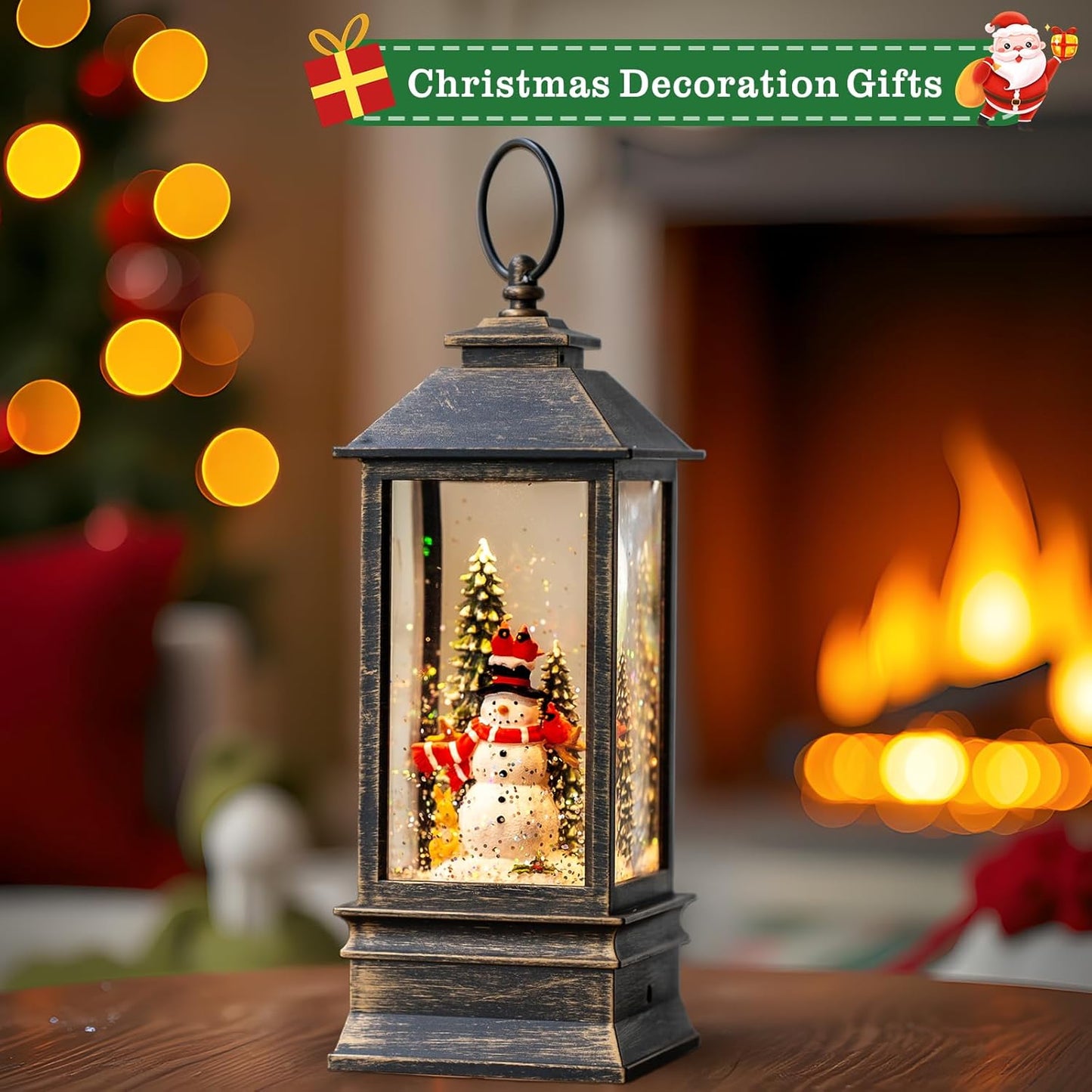 Christmas Snow Globes (11 Inch, Square-Snowman), Black Brush Gold