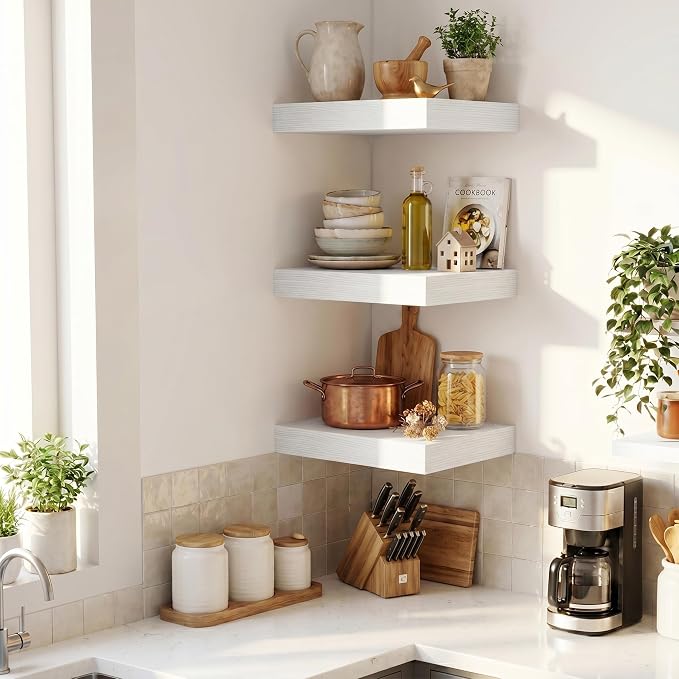 Fun Memories Wood Floating Shelves 20 Inch, 12 Inch Deep Shelves Wall Mount, Wall Shelves with Invisible Bracket, 20" Floating Shelves for Living Room Bathroom Bedroom, White, Set of 2