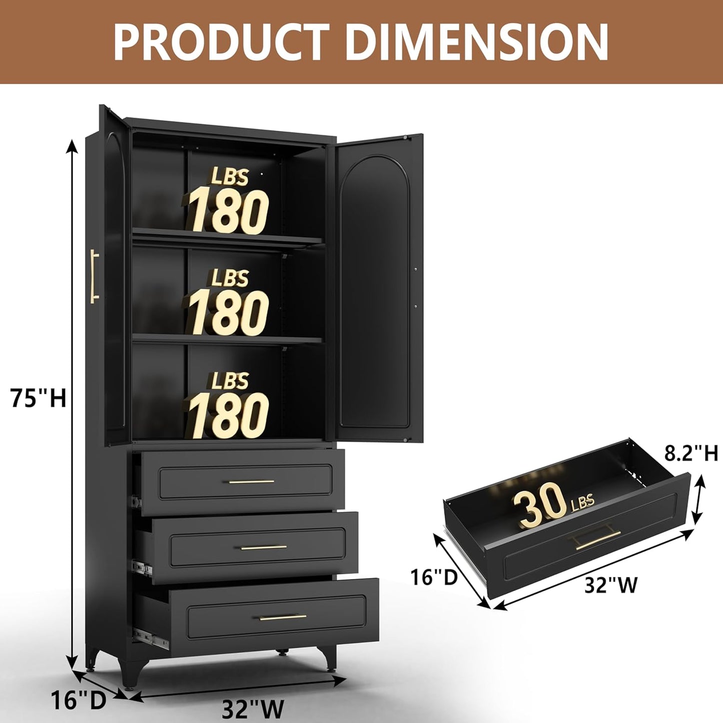 Kitchen Pantry Cabinet, 75" Tall Pantry Cabinet with Three Drawers, Freestanding Food Cupboard with Doors and Shelves, Metal Storage Cabinets for Dining, Living Room, Black, Assembly Required