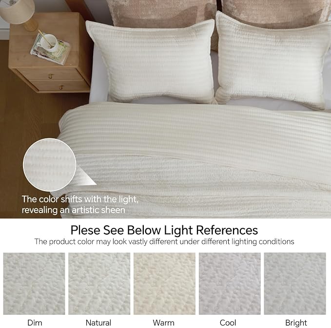 BEDELITE Velvet Quilt Set King Size - Luxury Soft Velvet Comforter Bedding Set for All Season, Lightweight Quilted Channel Stitch Oversized Bedspread Coverlet with 2 Matching Shams, Ivory White
