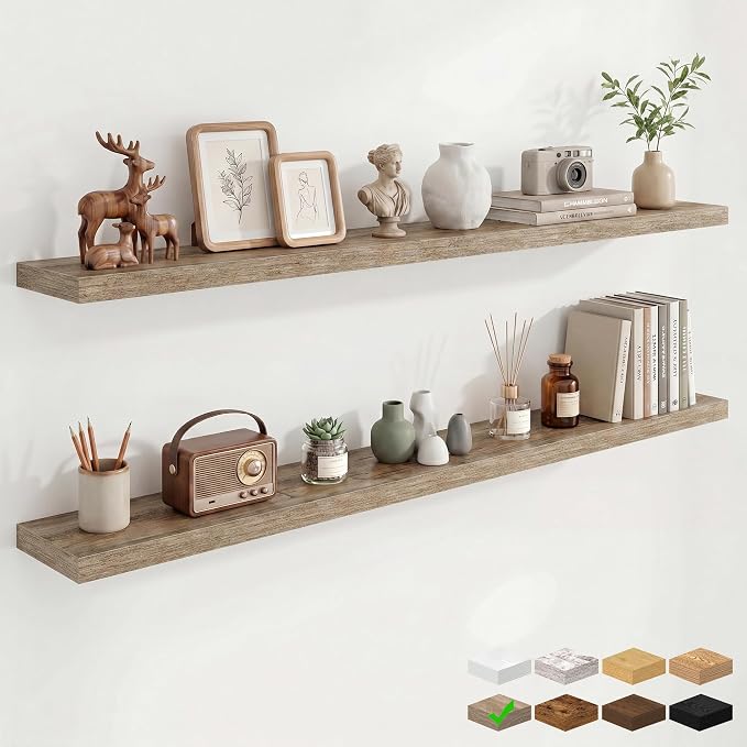 Marsmiles 55in Floating Shelves for Wall, 72" W x 9.25" D x 1.5" H, Long Wall Mounted Engineered Wood Shelves with Invisible Brackets for Living Room, Bedroom, Bathroom, Kitchen, Grey, 2Pcs