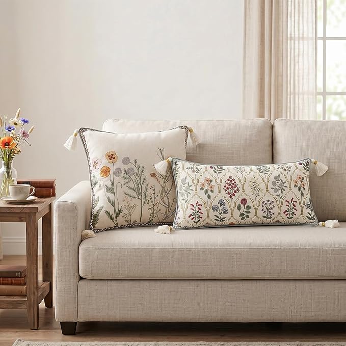 ISAENNE Designer Vintage Linen Throw Pillow Cover,28"x12"-Serenity B | French Elegant Rectangle Decor Pillow Cover,Concealed Zipper Design,Colorful Floral Pattern,Sofa,Bedroom,Living Room,Chair