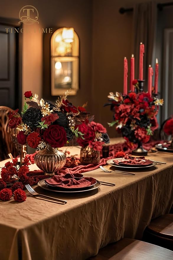 TINGE TIME Rose Artificial Flowers Combo, Fake Foam Roses with Stems for DIY Wedding Bridal Shower Decorations Party Table Centerpieces Fake Floral Arrangement Home Decor(Gothic Black and Red)