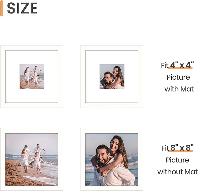 upsimples 8x8 Picture Frame, Display Pictures 4x4 with Mat or 8 x 8 Without, Wall Hanging Photo Frames, White, 1 Pack