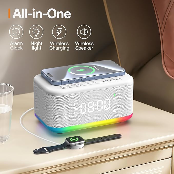 Wireless Charging Alarm Clock Bedroom, Digital Alarm Clocks Bedrooms Bluetooth, Loud Bluetooth Speaker Alarm Clock Night Light Dual Alarm Snooze 12/24H Dimmer Bluetooth AUX USB Charging, White
