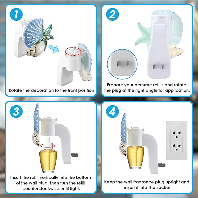 Hohean Wall Fragrance Plug in with Night Light Compatible with Bath & Body Works WallFlower Fragrance, Marine Style Essential Oil Diffuser Plug with Rotary Design (Shell Starfish Conch)