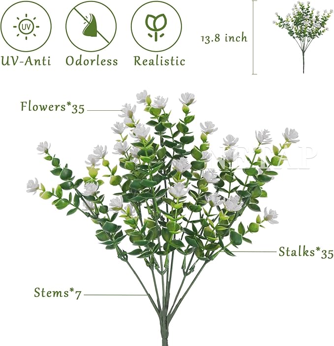 NETAP Outdoor Artificial Flowers UV Resistant, 20 Bundles Fake Realistic Floral Greenery Plants for Outside Porch, Window Boxes, Garden, Yard, Inside Home Table Decor, White