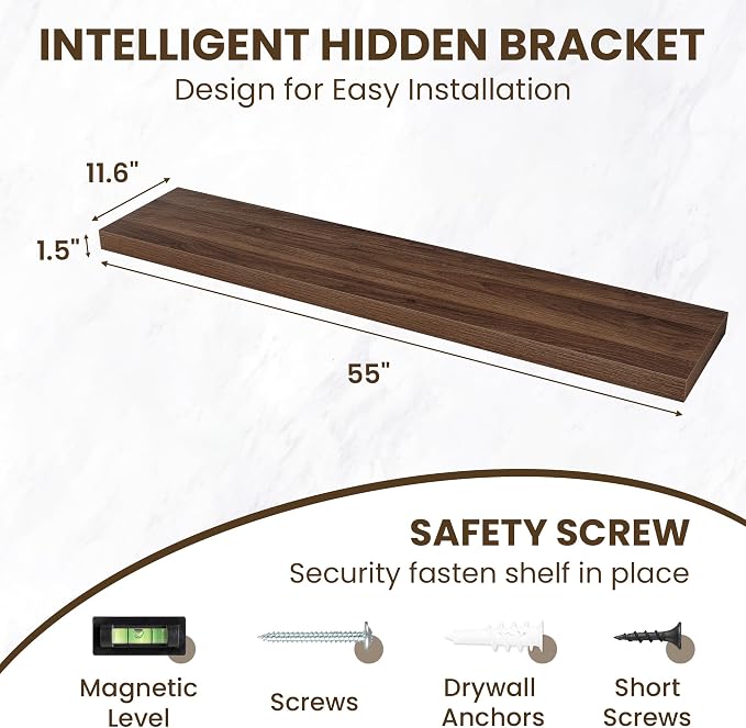 55 Inch Floating Shelves for Wall,12 Inch Deep Wall Shelves for Bathroom,Living Room,Bedroom,Kitchen,Decor,Floating Shelf with Invisible Heavy Duty Metal Bracket,Deep Long Shelf Wall Mounted,Walnut