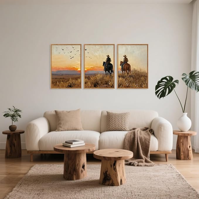 TOARTi Large Framed Western Cowboy Canvas Wall Art Set,Vintage Sunset Landscape Horseback Riding Wall Decor, Rustic Southwestern Art Prints for Farmhouse Living Room Bedroom Office-16”x24”x3