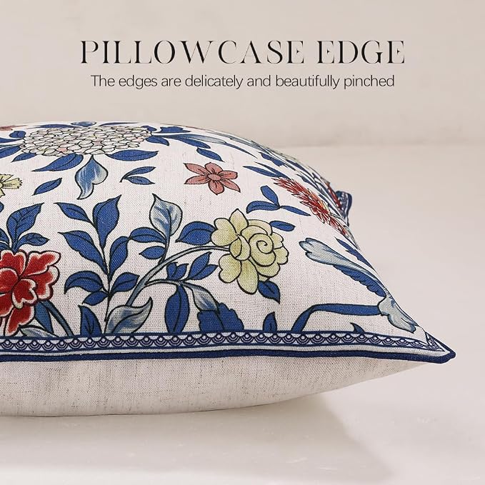 patdrea Designer Vintage Linen Throw Pillow Cover,18"x18",Set of 2-Ivar A | Decorative Pillow Cover,Blue and White Floral Pattern,Pillow Case for Couch Living Room Bedroom Sofa Outdoor