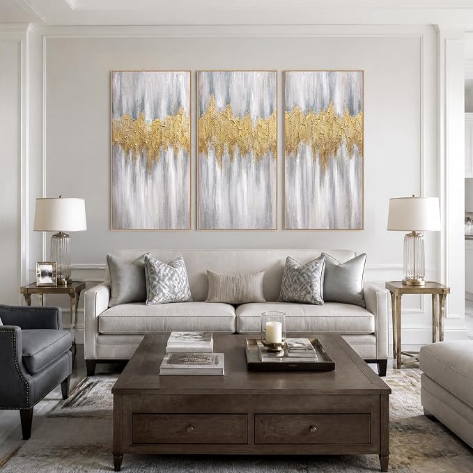 SAFERRYHOME Abstract Hand Painted Wall Art, Large 20"x40"x3 Framed | 3D Textured Framed Gold Wall Decor, Modern Golden Abstract Painting Minimalist Artwork for Home Office Living Room Hallway
