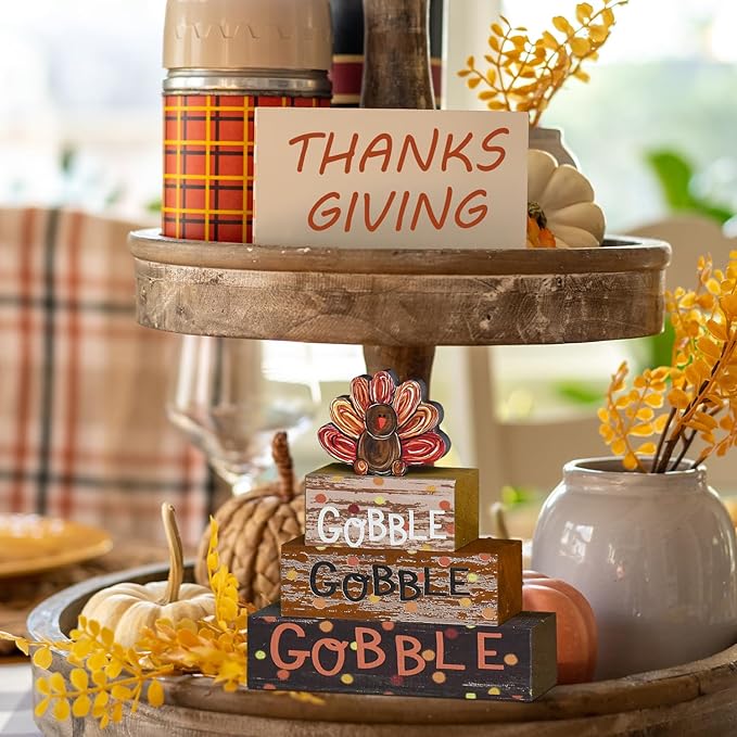 Smile Thanksgiving Decor Indoor Wooden Block Signs, Turkey Decor Gobble for Rustic Farmhouse Home, Thanksgiving Table Tiered Tray Kitchen Decorations