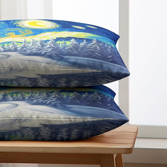 Winter Pine Forest Pillow Covers Van Gogh Starry Night Lumbar Throw Pillow Covers Christmas Tree Pillowcase 12x20 Set of 2 Rectangular Cushion Case for Living Room Couch Sofa
