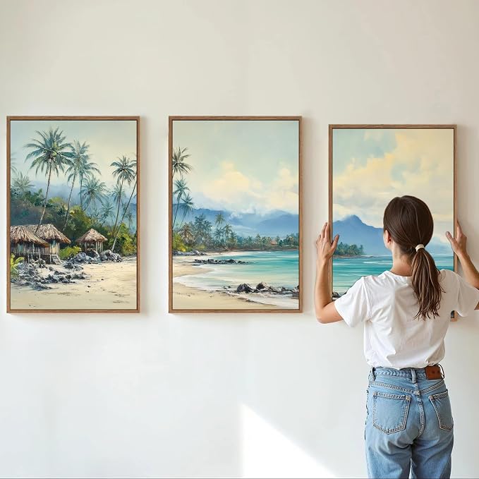 Rantodecor Tropical Coastal Framed Canvas Wall Art, Beach Landscape Posters Wall Decor, Island Palm Trees Beach House Art Paintings, Seascape Mountains Artwork for Bedroom Living Room Office 24"x36"x3
