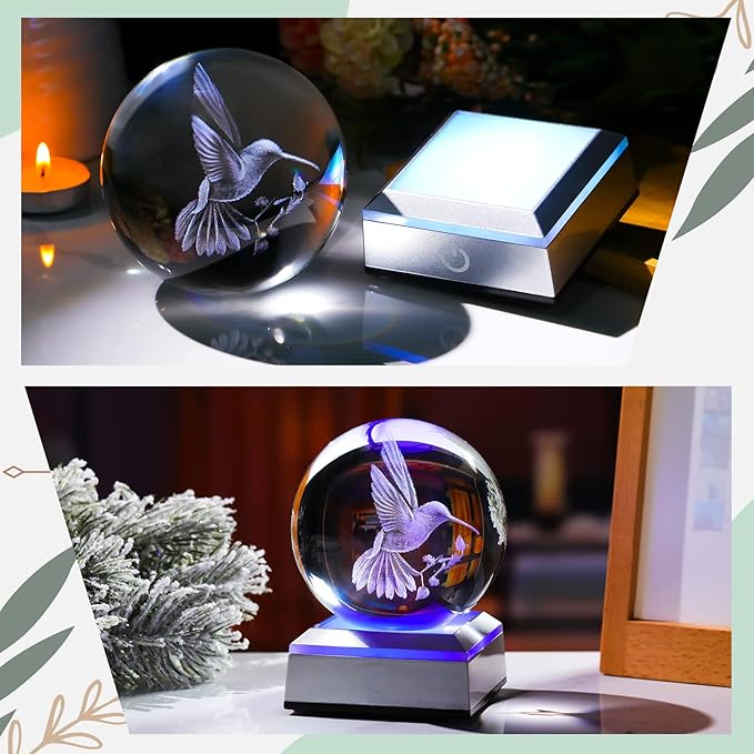 Crystal Ball 3D Engraved Hummingbird with LED Colorful Base, 3.15" Glass Sphere Ideas for Friends Home Decor Display, Hummingbird Gifts for Men Women on Birthday Christmas