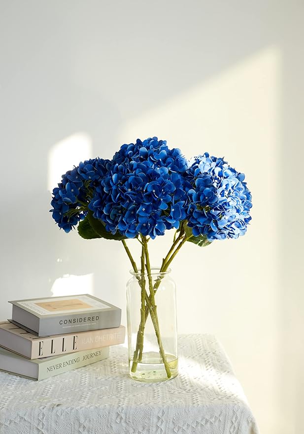 PARTY JOY 5PCS 15.4In Artificial Hydrangea Silk Flowers Bouquet Faux Hydrangea Stems for Wedding Centerpieces Home Decor (Blue)