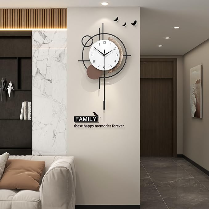 Wall Clock Decorative Modern Wall Clocks with Pendulum Silent Non-Ticking Quartz Clock Battery Operated Large Clock for Living Room,Kitchen,Home,Bathroom,Bedroom Wall Art Decor
