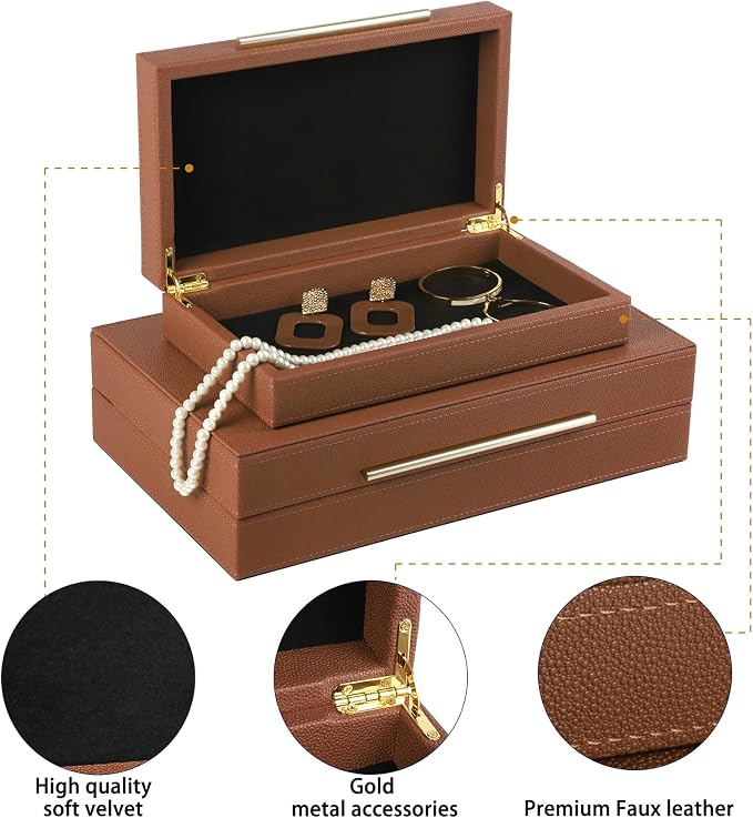 HofferRuffer Faux Leather Decorative Boxes Set of 2, Large Nesting Keepsake Box Accessory Organizer Jewelry Organizer with Hinged Lid, Stacking Storage Box Container for Home or Office (Brown)