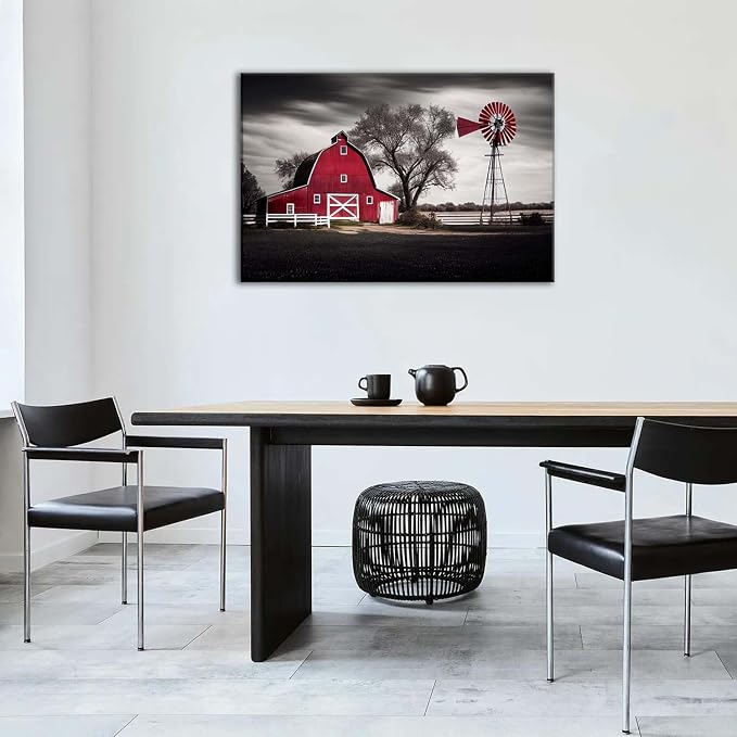 Country Wall Art Large Farmhouse Old Red Barn Canvas Picture Wood Artwork for Home Rustic Farm Scene Windmill Painting Bedroom Living Room Black and White Nature Country Landscape Wall Decor 24x36"