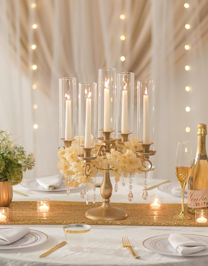 Sziqiqi Gold Candelabra Candle Holder: 5 Arm Vintage Candelabras Wedding Centerpieces for Table - Candlestick Candle Holders with Hurricane Glass for Table Centerpiece Christmas Party Event