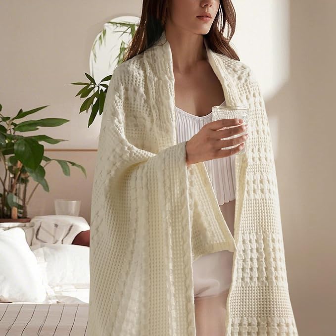 PHF 100% Cotton Waffle Throw Blanket for Couch, Lightweight Breathable and Soft for Summer, Luxury Aesthetic Waffle Weave Blanket for Home Decor & Office, Gifts for Women, 50"x60", Cannoli Cream