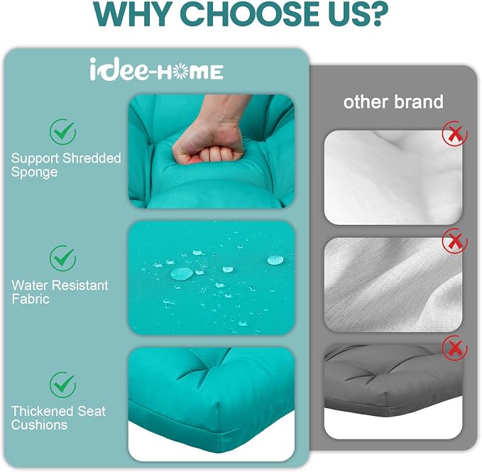 idee-home Outdoor Chair Cushions Set of 2, Patio Seat Cushions | Tufted Thick 17 x 17 x 5 Inch Cushions for Outdoor Furniture Waterproof with Ties, Dining Pads Dark Cerulean