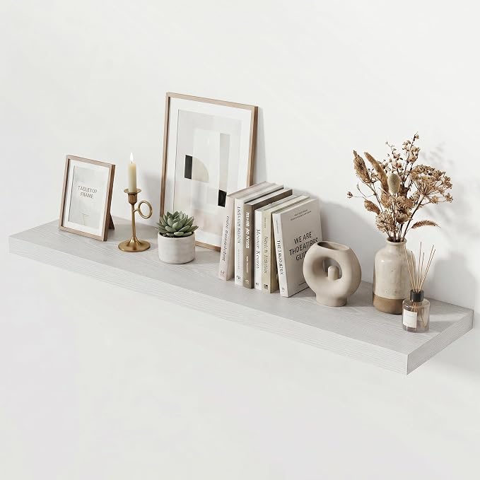 Acovy 48 Inch Floating Shelves for Wall Set of 1,Rustic Wood 12" Deep Wall Mounted Shelves,Floating Shelf with Invisible Brackets for Kitchen,Bathroom,Living Room,Decor & Storage,White