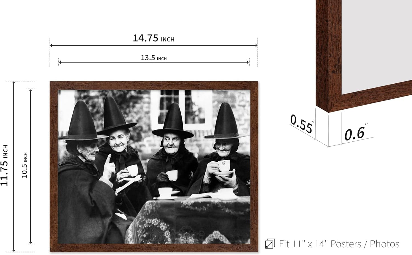 Poster Master Classic Photograph Poster - Vintage Halloween Print - Gift for Artist, Friend - Witches Tea Party, Old Women Smiling, Wearing Robes - Wall Decor for Living Room, 11x14 Brown Framed