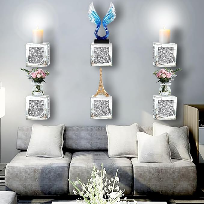 ZOLAPI Set of 2 Crystal Crush Diamond Candle Sconces, Gorgeous Silver Mirrored Wall Sconce, Candle Holder Glass Wall Decorations for Home Décor, Living Room, Dining Room. Floating Shelves