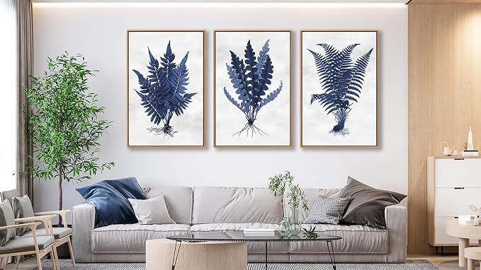 Large Botanical Wall Art for Living Room Natural Wood Float Framed Art Set of 3 Plant Pictures Fern Leaf Artwork Navy Blue Grass Canvas Prints for Bedroom Kitchen Home Office Wall Decor 24"X36"X3