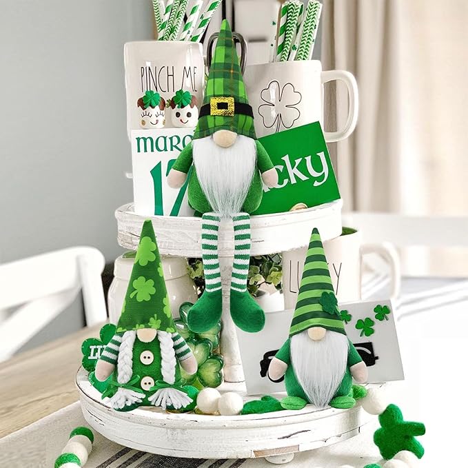 St Patricks Day Gnomes Decor Indoor, 3Pcs St Patricks Day Decorations Gnomes, Shamrock Decorations for Table, Tiered Tray Irish Home Decor Gnome Gifts