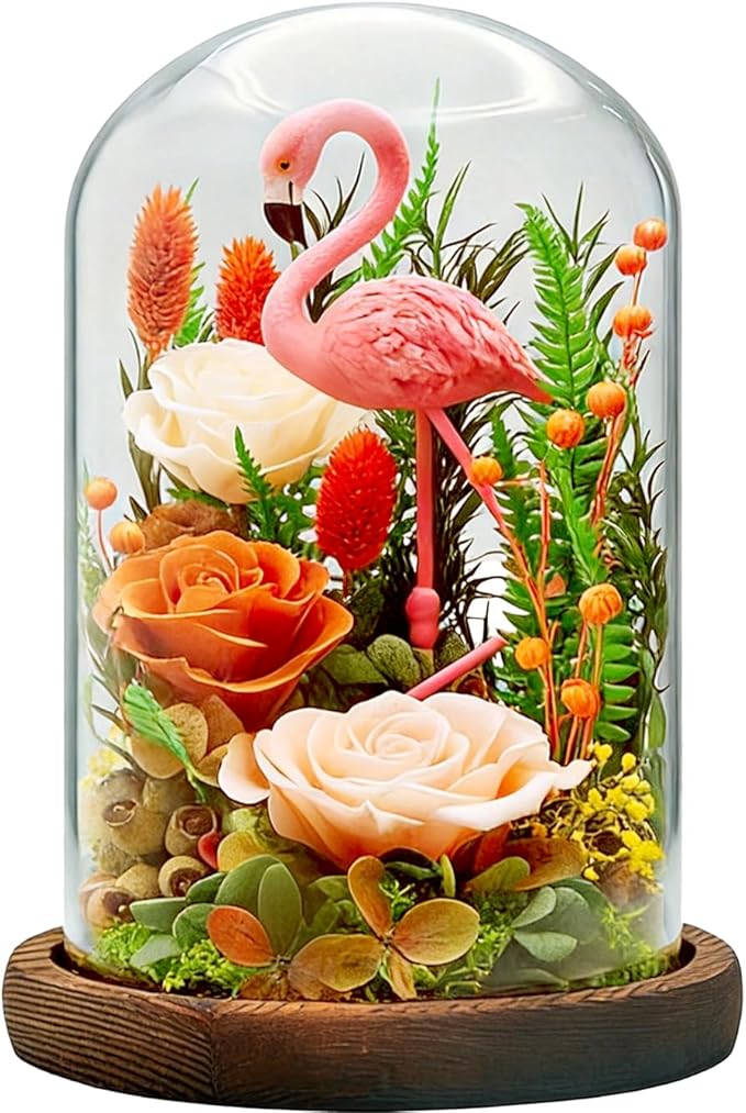 Eternal Flowers with Flamingo-Big Flower Big Love- Gifts for Mom Wife - Forever Flower in Glass Dome-Flowers for Delivery Prime | for Anniversary Birthday Mothers Day (Champagne)