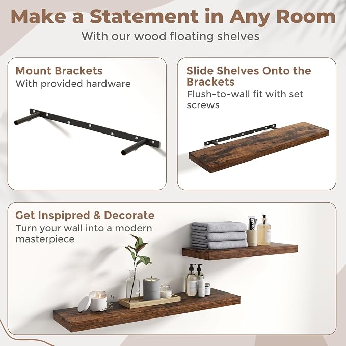 12 Inch Floating Shelves for Wall with Invisible Brackets Set of 3, 12"D Engineered Wood Wall Shelves with Wood Grain for Living Room, Bedroom, Bathroom, Kitchen Decor and Storage, Rustic Brown